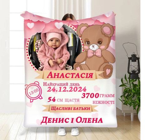 Плед 3D з метрикою Метрика для дівчинки 1 фото 3512_C 16149 80х100 см