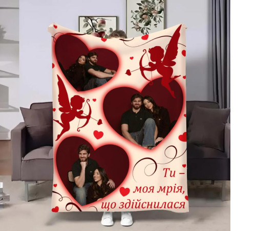 Плед 3D зі своїм фото для закоханих Три серця кохання 32371 135х160 см