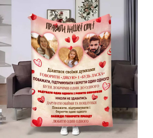 Плед 3D зі своїм фото для сім'ї Правила сім'ї Люблячі серця 17893 135х160 см